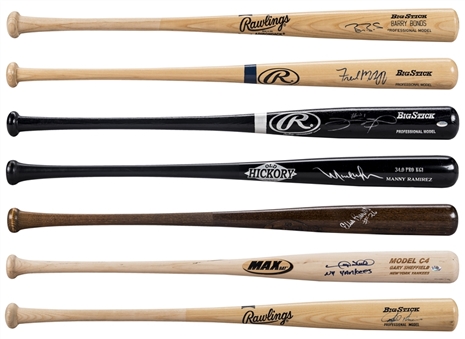 Lot of (7) Baseball Sluggers Single Signed Professional Model Bats: Bonds, Sosa, Palmeiro, Ramirez, Sheffield, McGriff, Burks (JSA & Beckett)